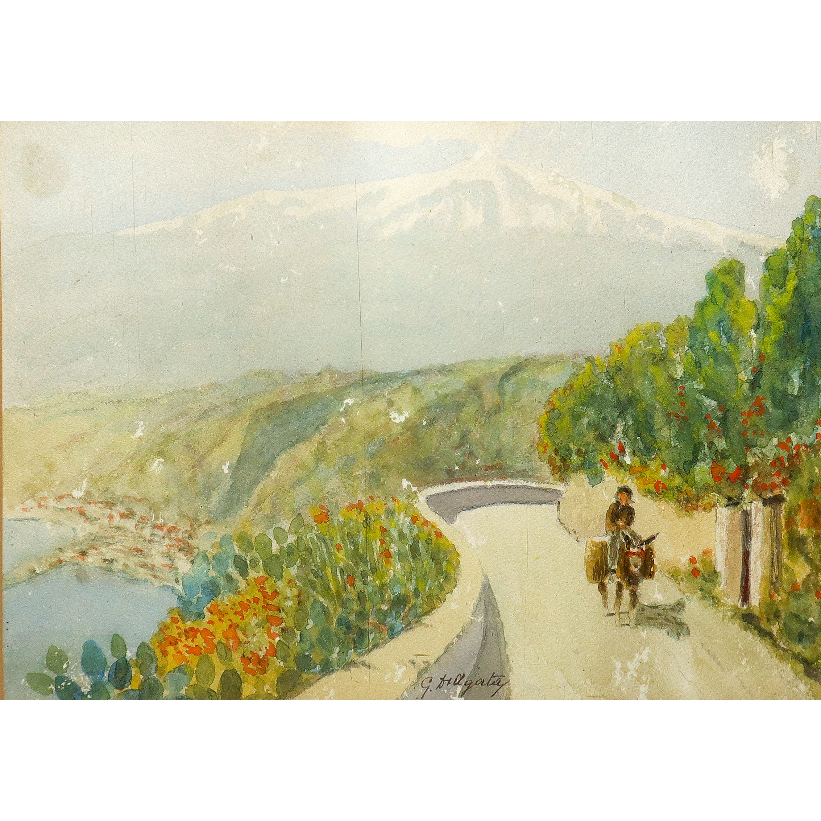 Scorcio di via Pirandello a Taormina con l'Etna sullo sfondo