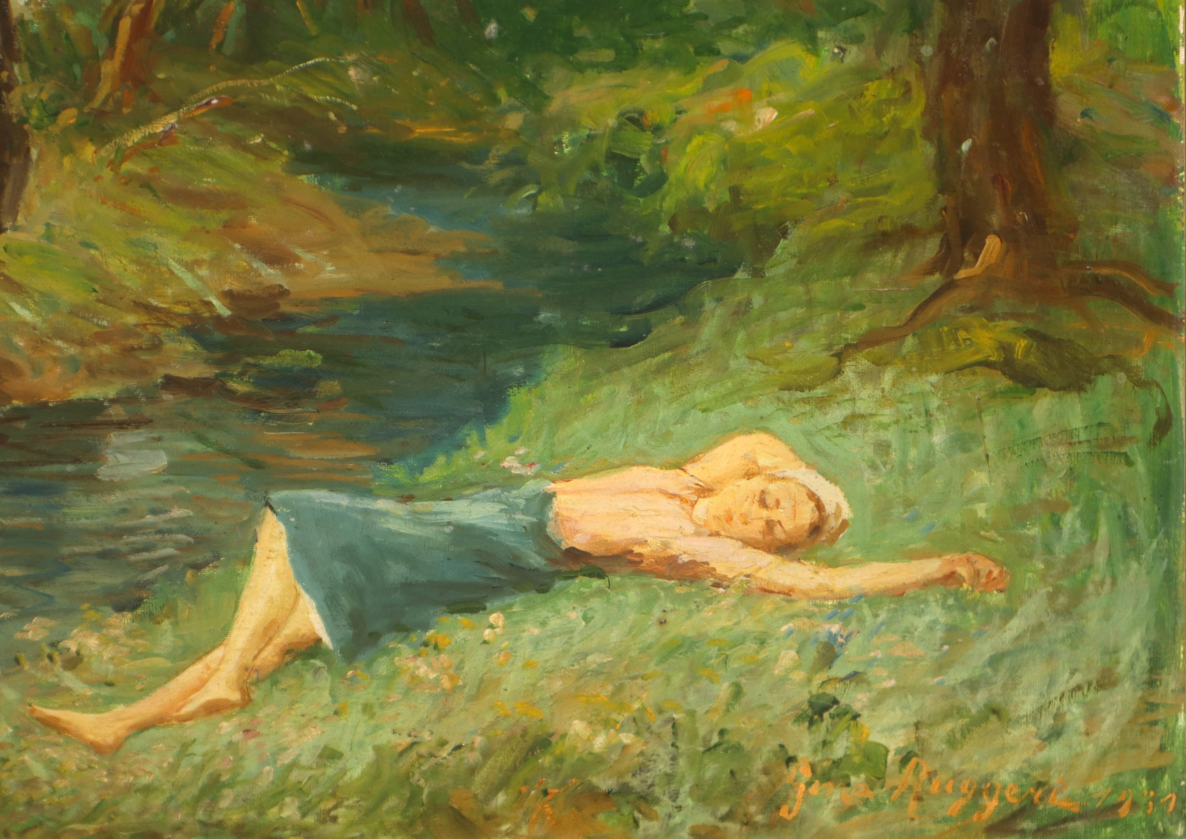 Scena nel bosco con fiume, donna distesa e uomo stante