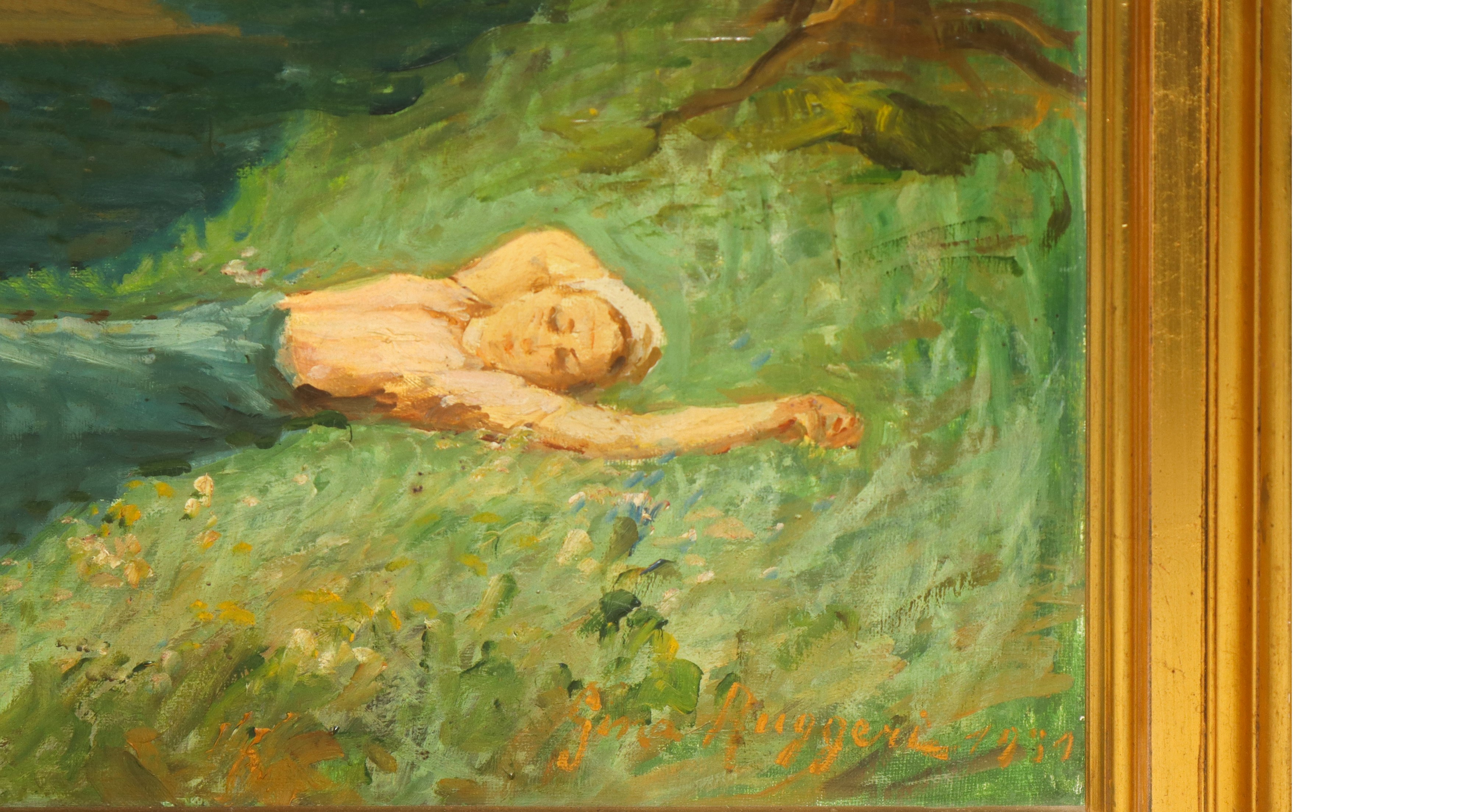 Scena nel bosco con fiume, donna distesa e uomo stante