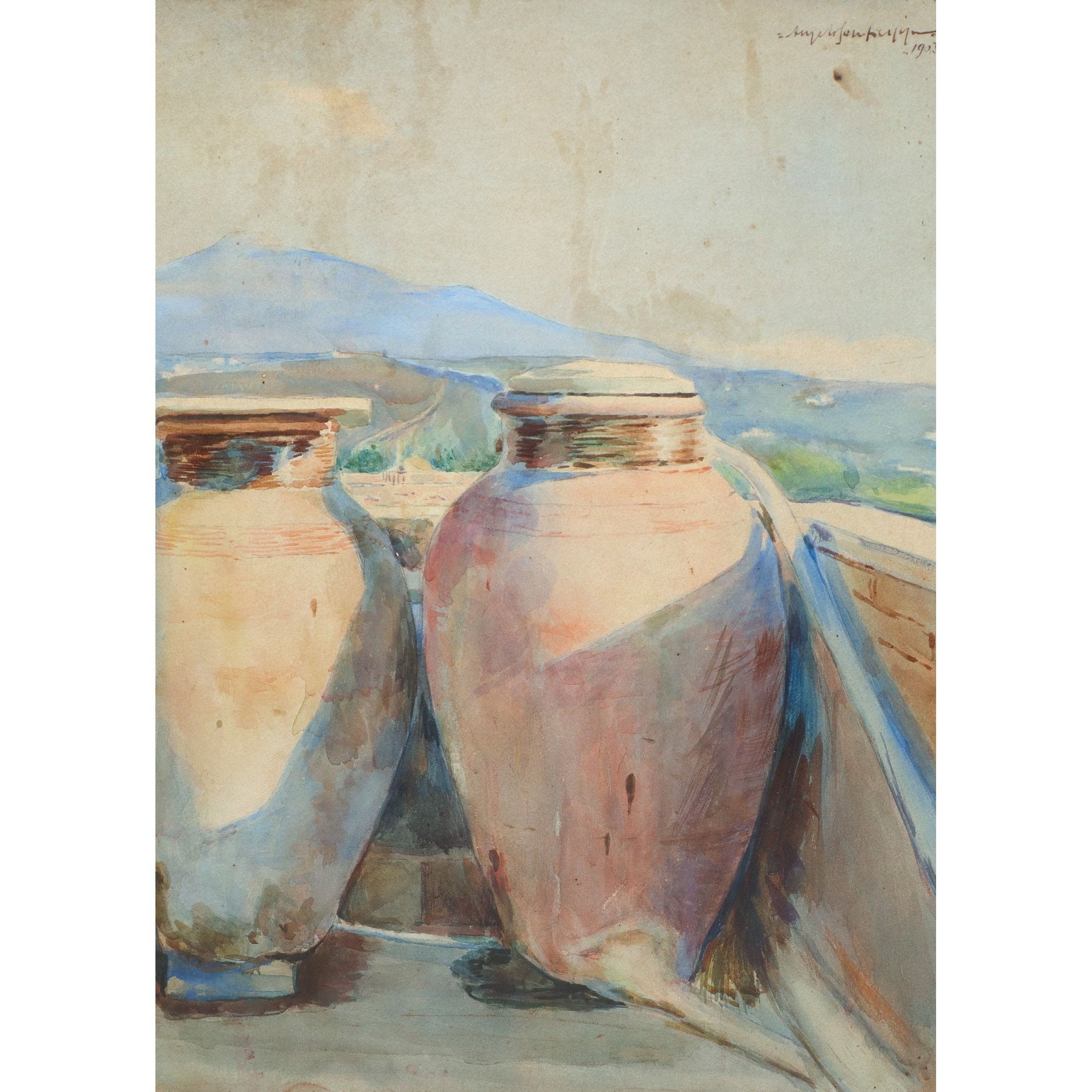 Angelo Sanfilippo - Giare in terracotta con l'Etna sullo sfondo, acquerello su carta