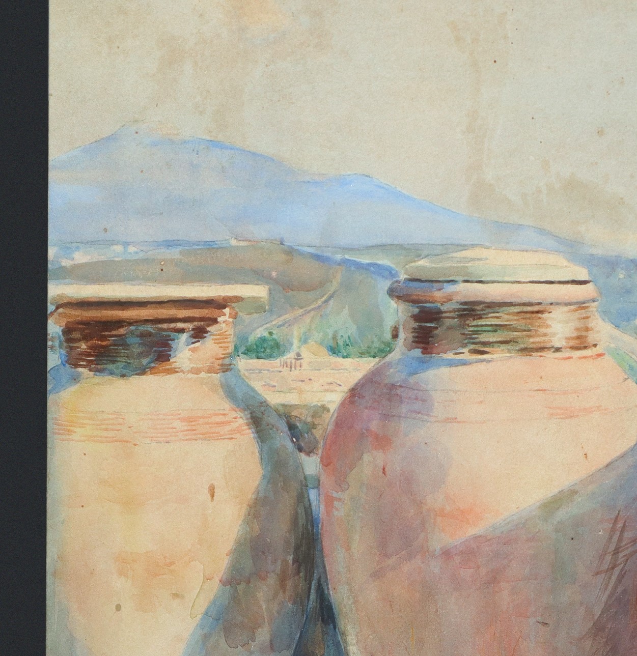 Angelo Sanfilippo - Giare in terracotta con l'Etna sullo sfondo, acquerello su carta