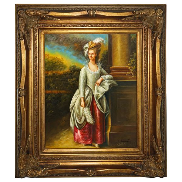 Ritratto di dama in cornice dorata decorata