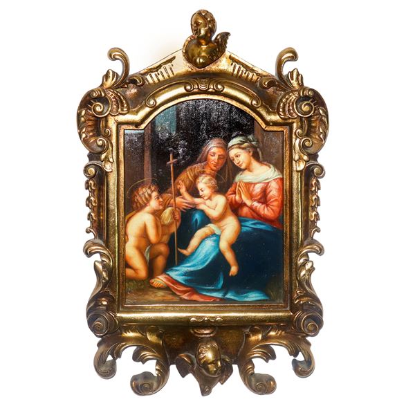 Madonna con Gesù Bambino, San Giovannino e Santa Elisabetta in cornice centinata dorata con decori e bustino alla sommità