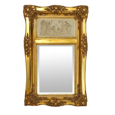 Specchiera entro cornice dorata neoclassica con decori e bassorilievi, XX secolo