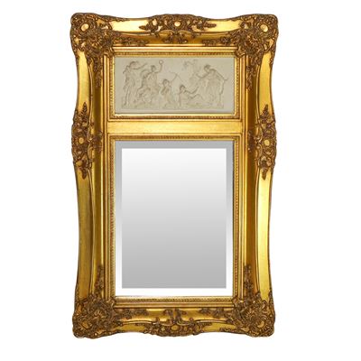 Specchiera entro cornice dorata con decori e bassorilievo neoclassico, XX sec.