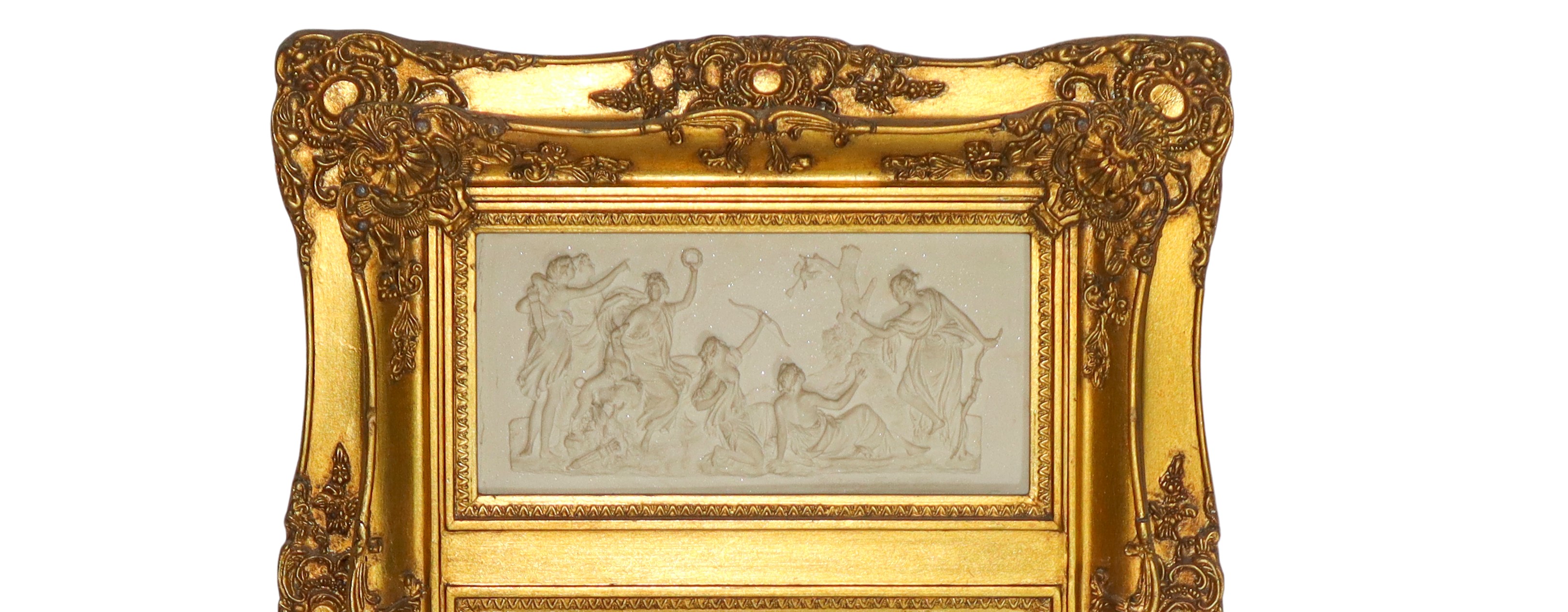 Specchiera entro cornice dorata con decori e bassorilievo neoclassico, XX sec.