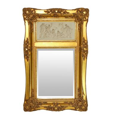 Specchiera entro cornice dorata con decori e bassorilievo neoclassico, XX secolo