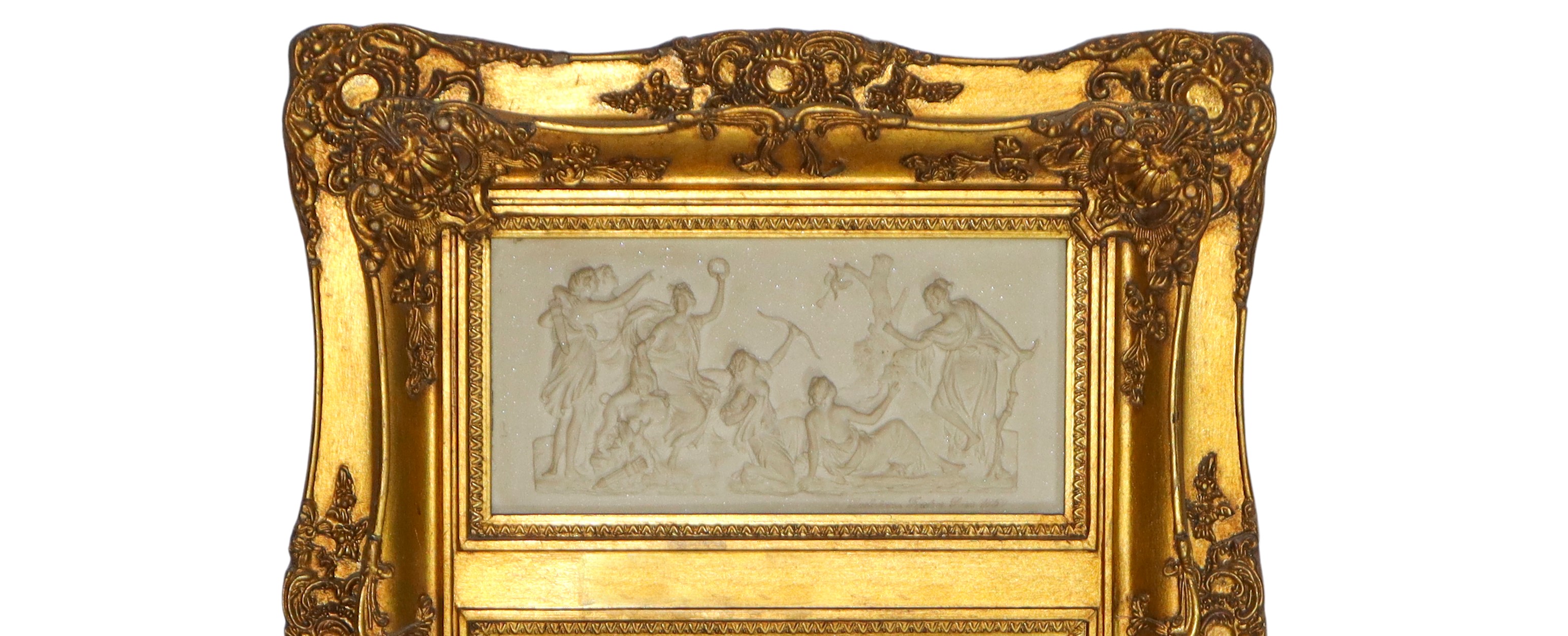 Specchiera entro cornice dorata con decori e bassorilievo neoclassico, XX secolo