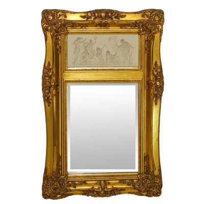 Specchiera entro cornice dorata con decori e bassorilievo neoclassico, XX secolo