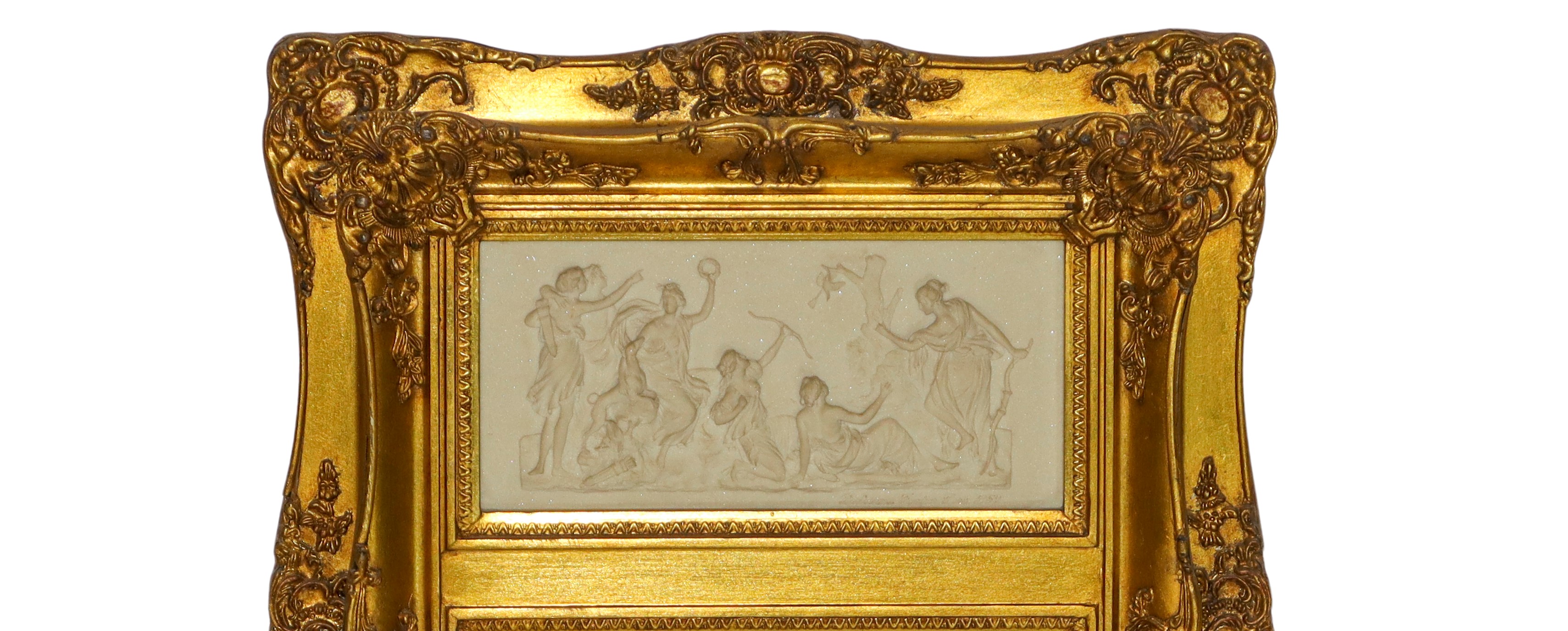 Specchiera entro cornice dorata con decori e bassorilievo neoclassico, XX secolo