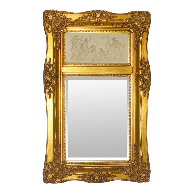 Specchiera entro cornice dorata con decori e bassorilievo neoclassico