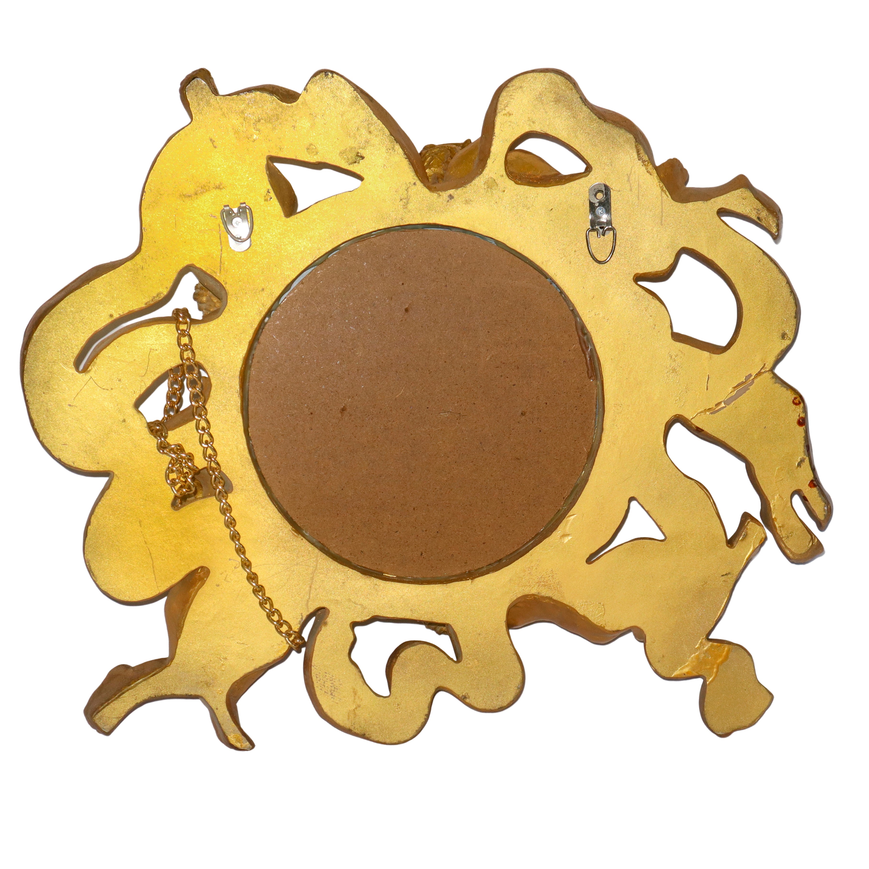 Specchiera tonda entro cornice dorata con putti danzanti