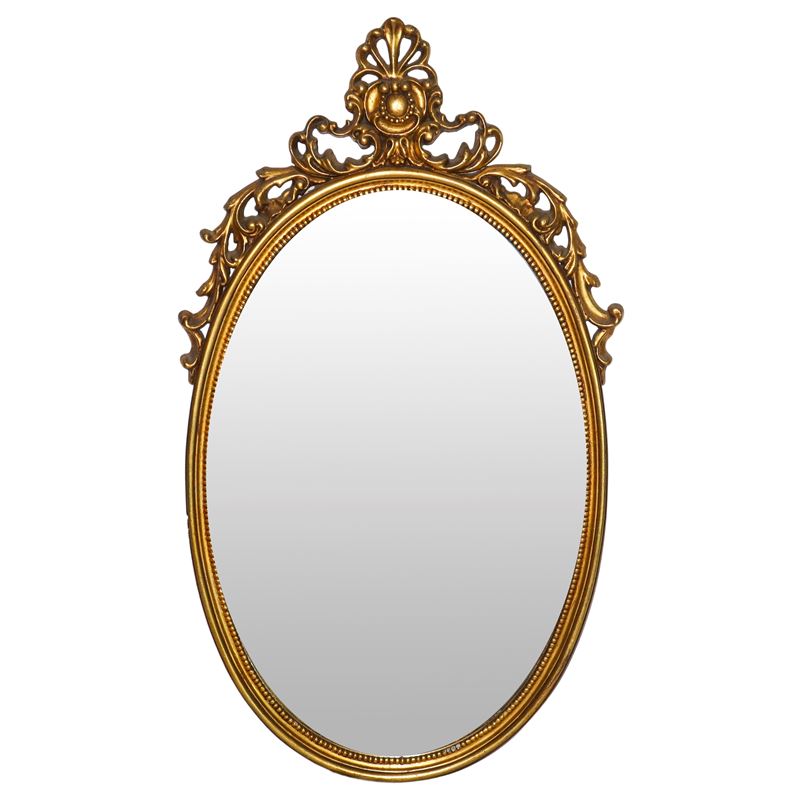 Specchiera ovale entro cornice dorata con decoro traforato sulla sommità