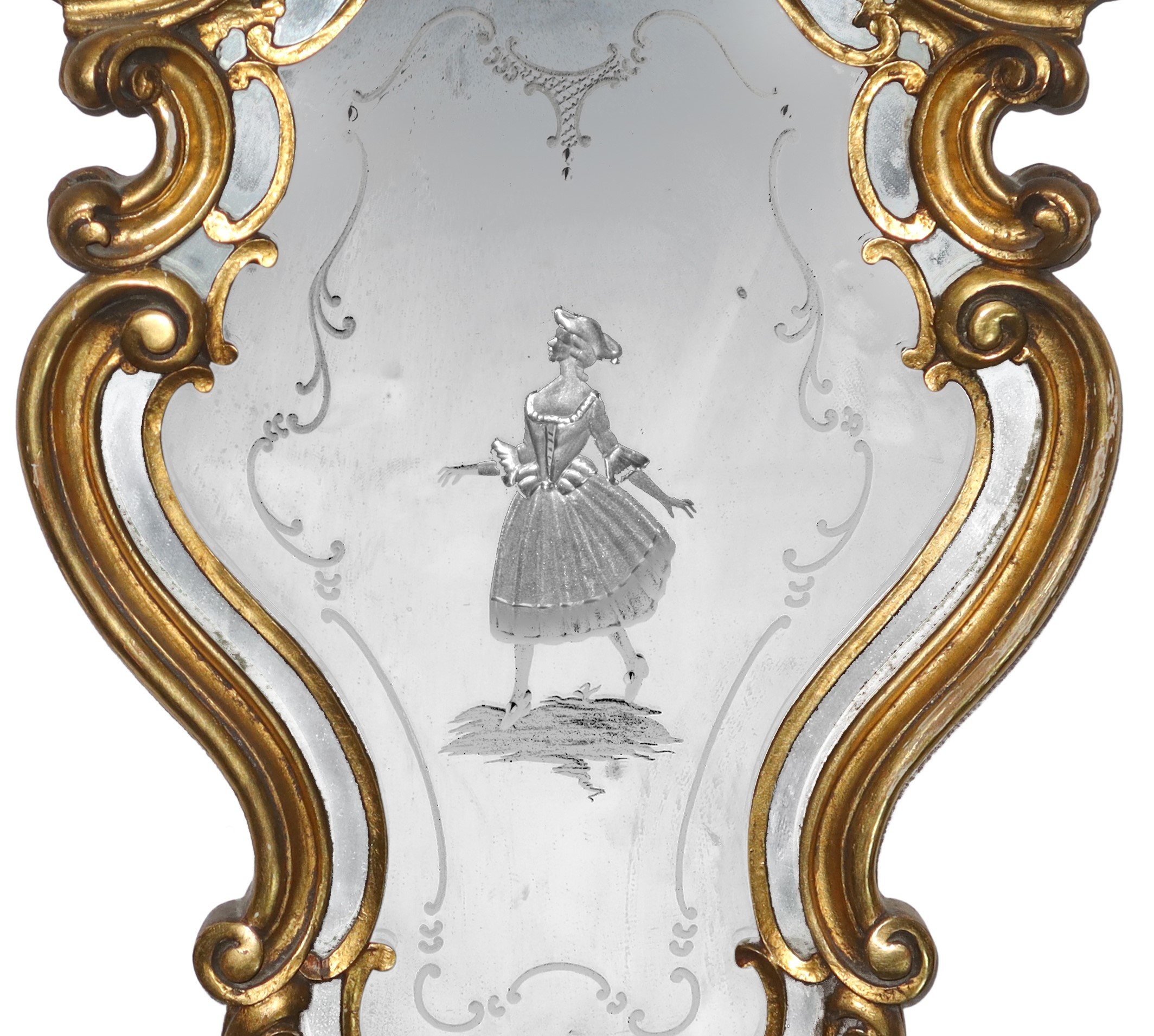 Specchiera decorativa in stile Rococò con figuretta femminile entro cornice dorata riccamente dec...