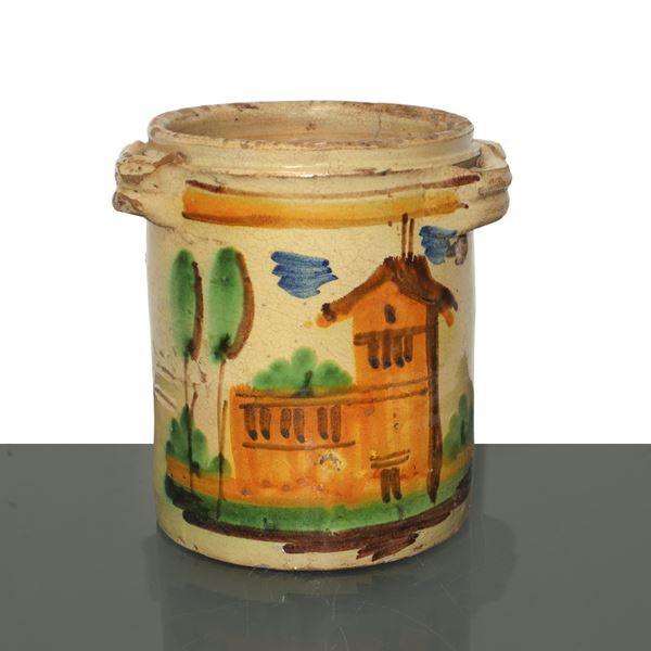 Cylinder with handles in glazed and painted Caltagirone majolica with a house on the front