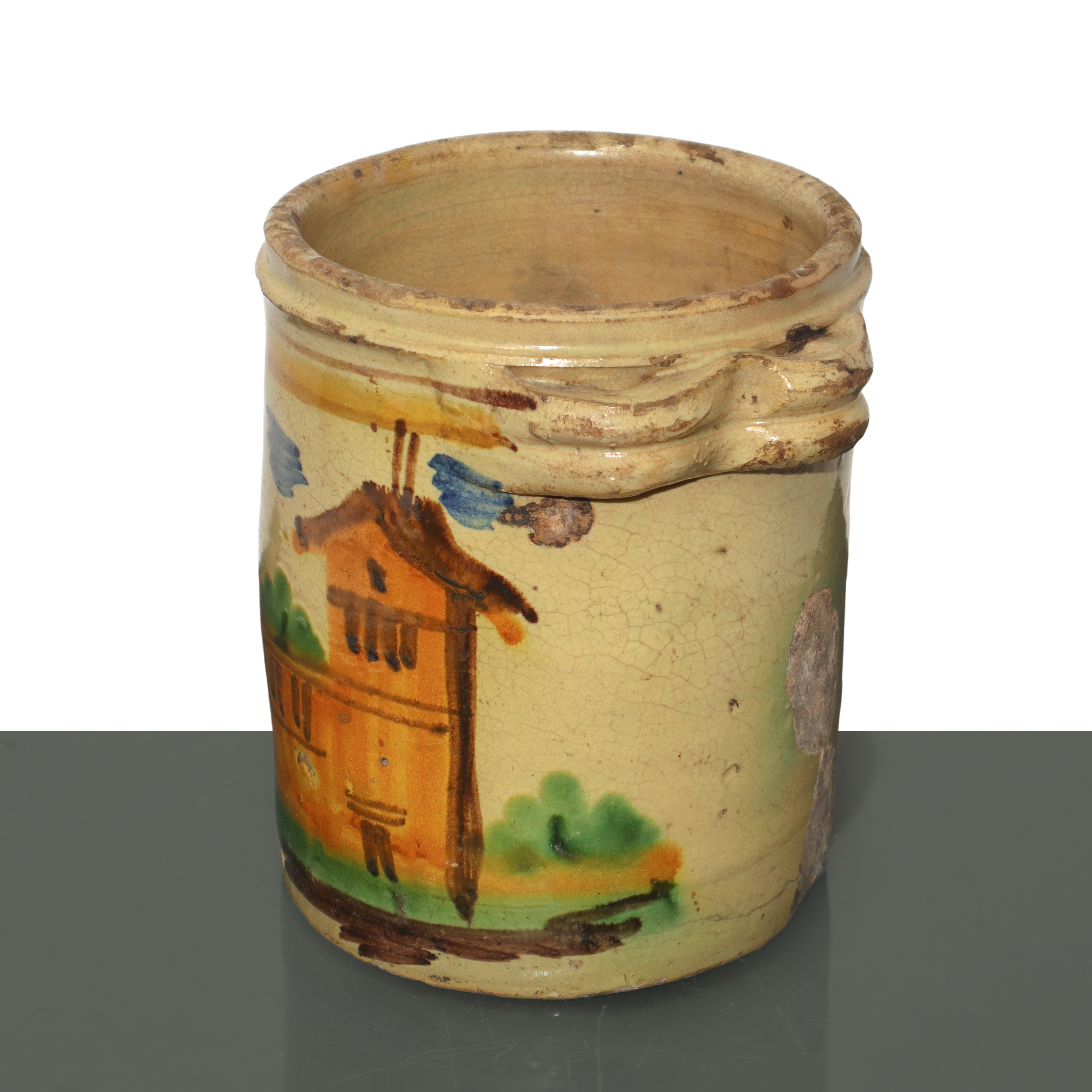 Cilindro con manici in maiolica di Caltagirone invetriata e dipinta con casa al fronte
