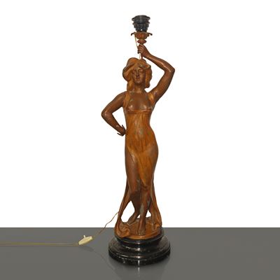 Lampada scultura liberty con base in marmo, altezza totale 112 cm