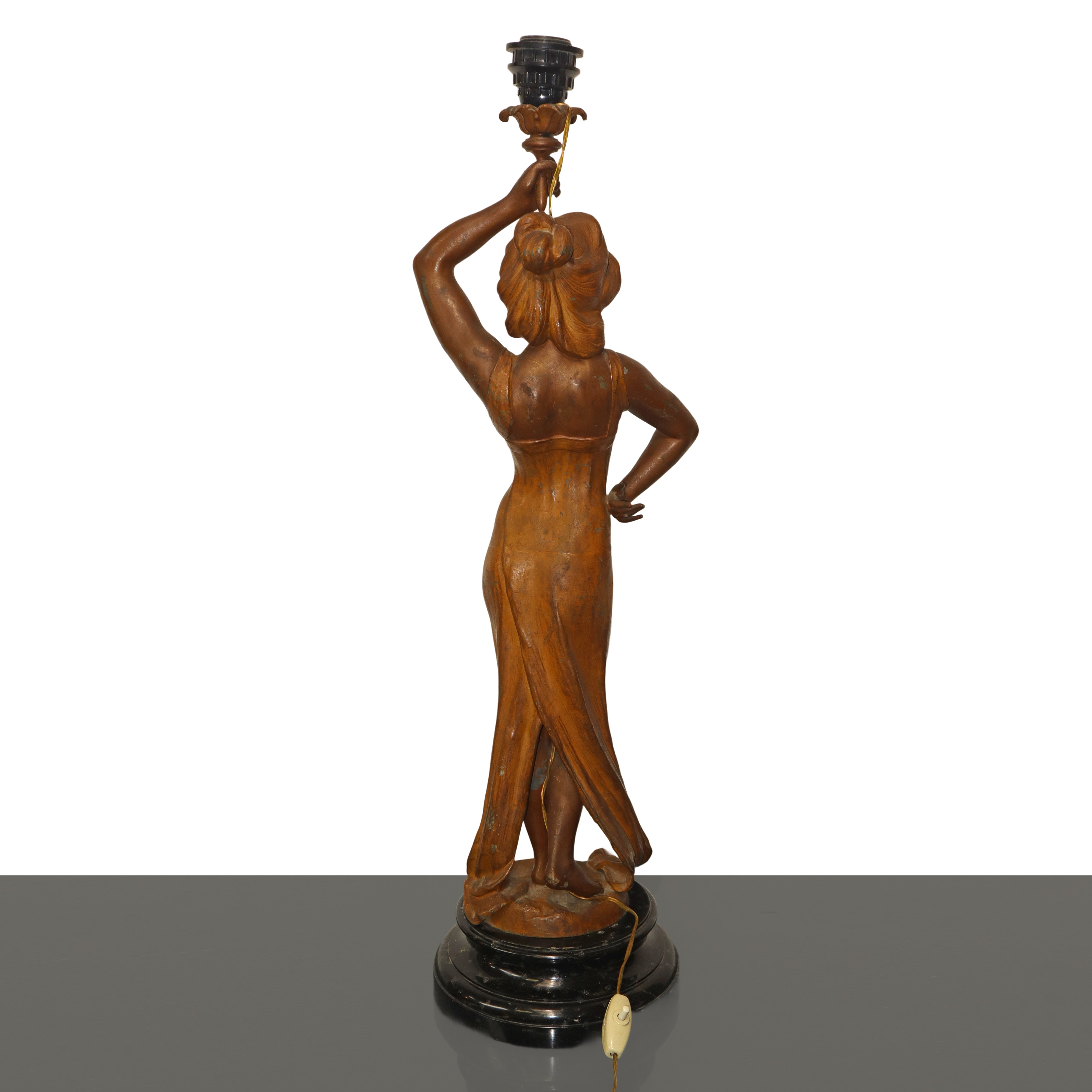 Lampada scultura liberty con base in marmo, altezza totale 112 cm