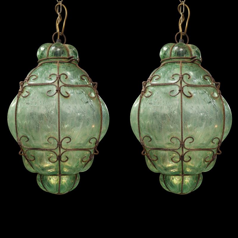 Lanterne da esterno in vetro di Murano verde con dettagli in metallo