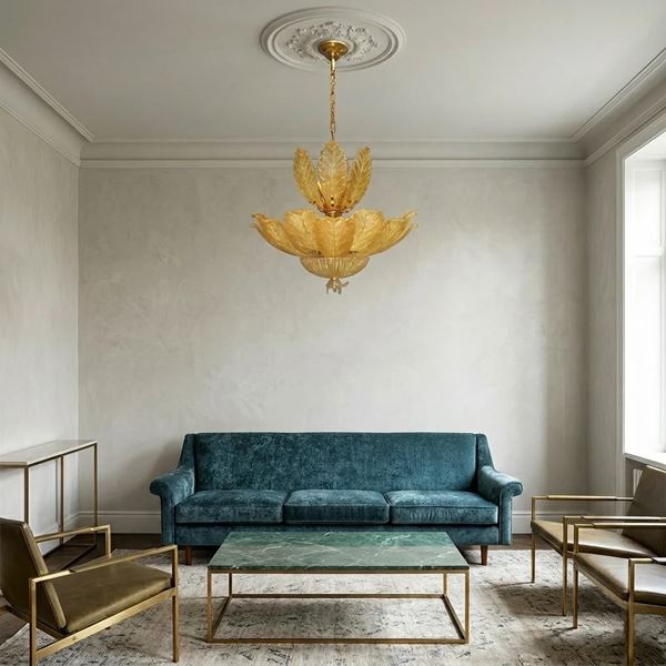 Lampadario in vetro di Murano a foglie giallo paglierino