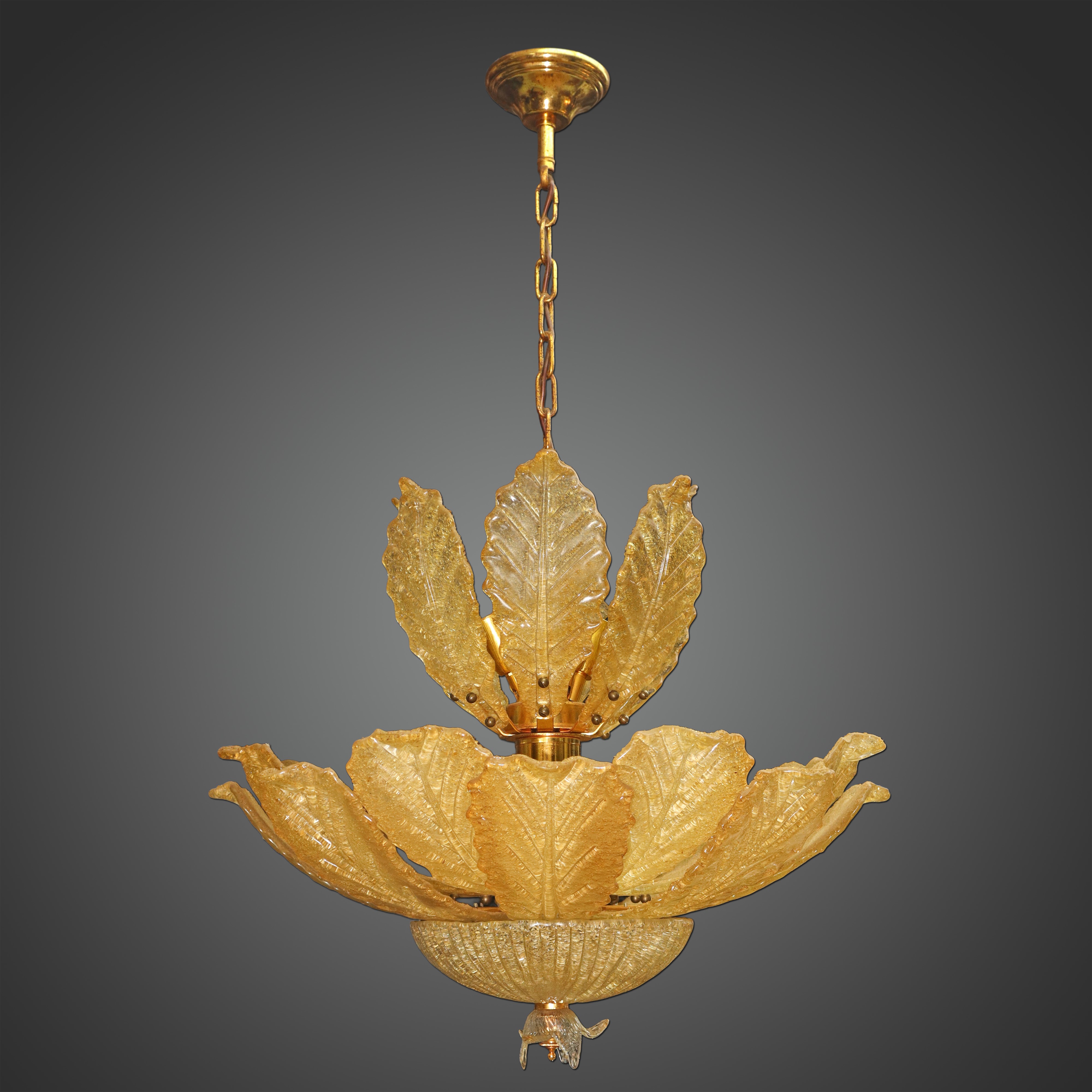 Lampadario in vetro di Murano a foglie giallo paglierino