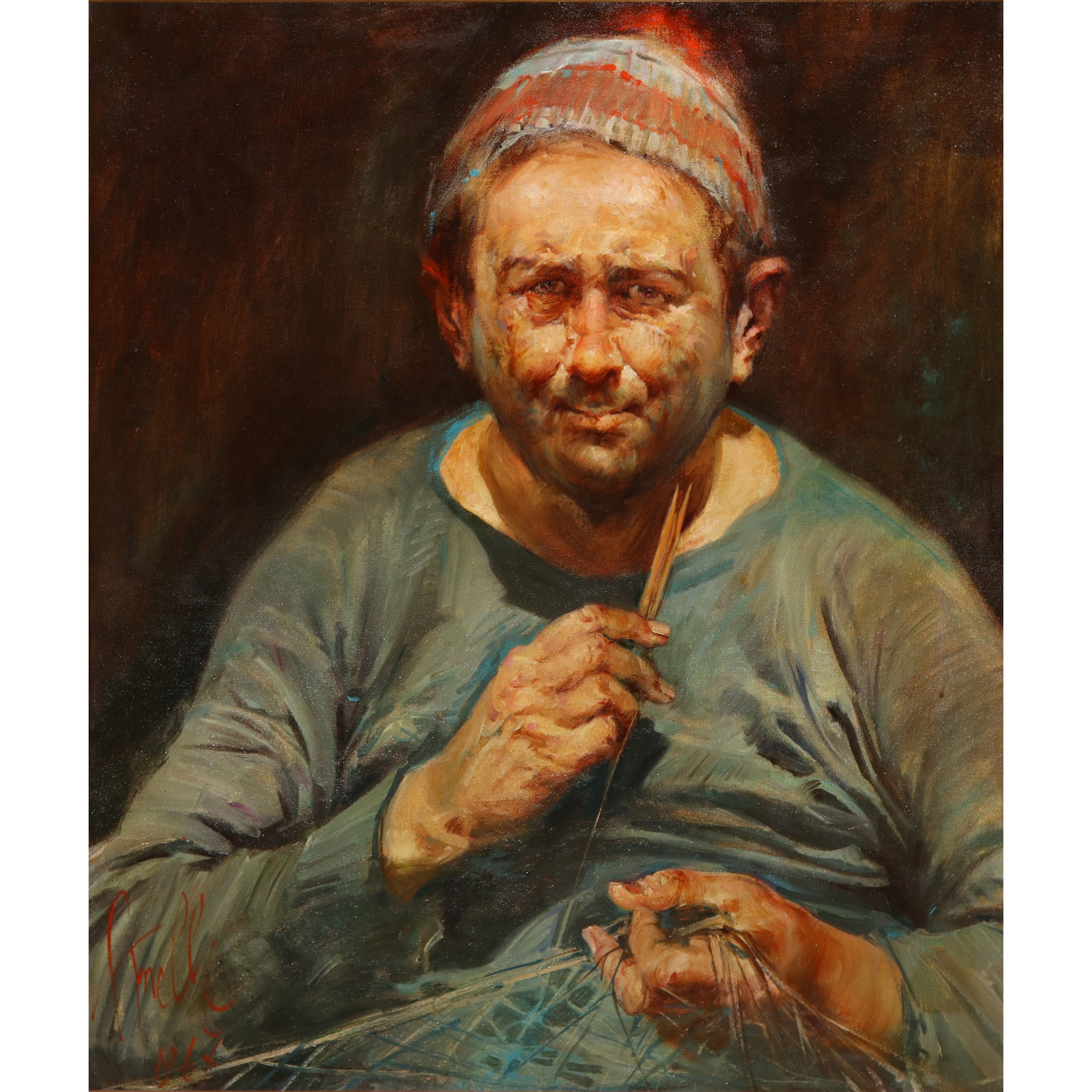 Pescatore che rimaglia la rete