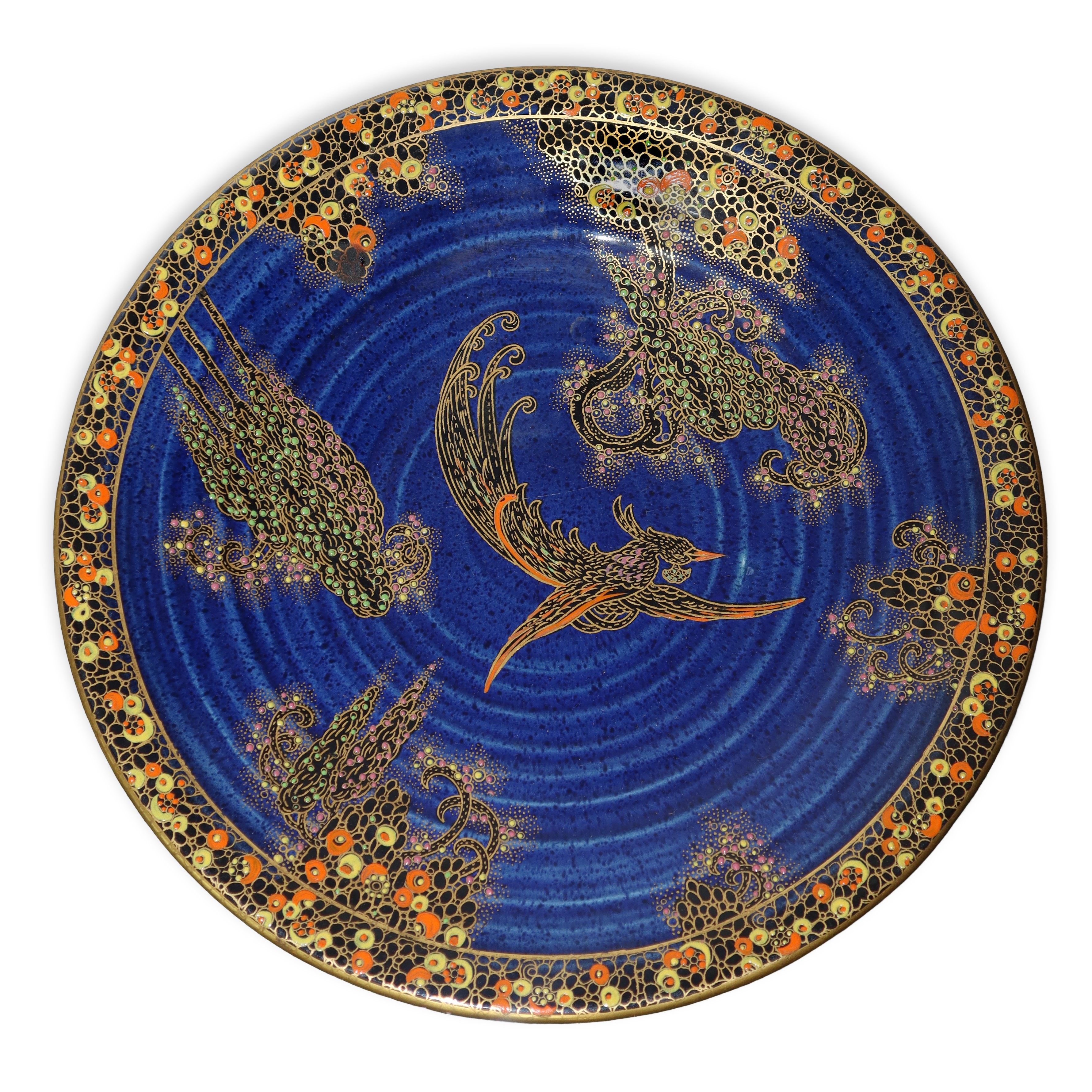 Versatoio con piattino in ceramica smaltata e dorata con fondo blu