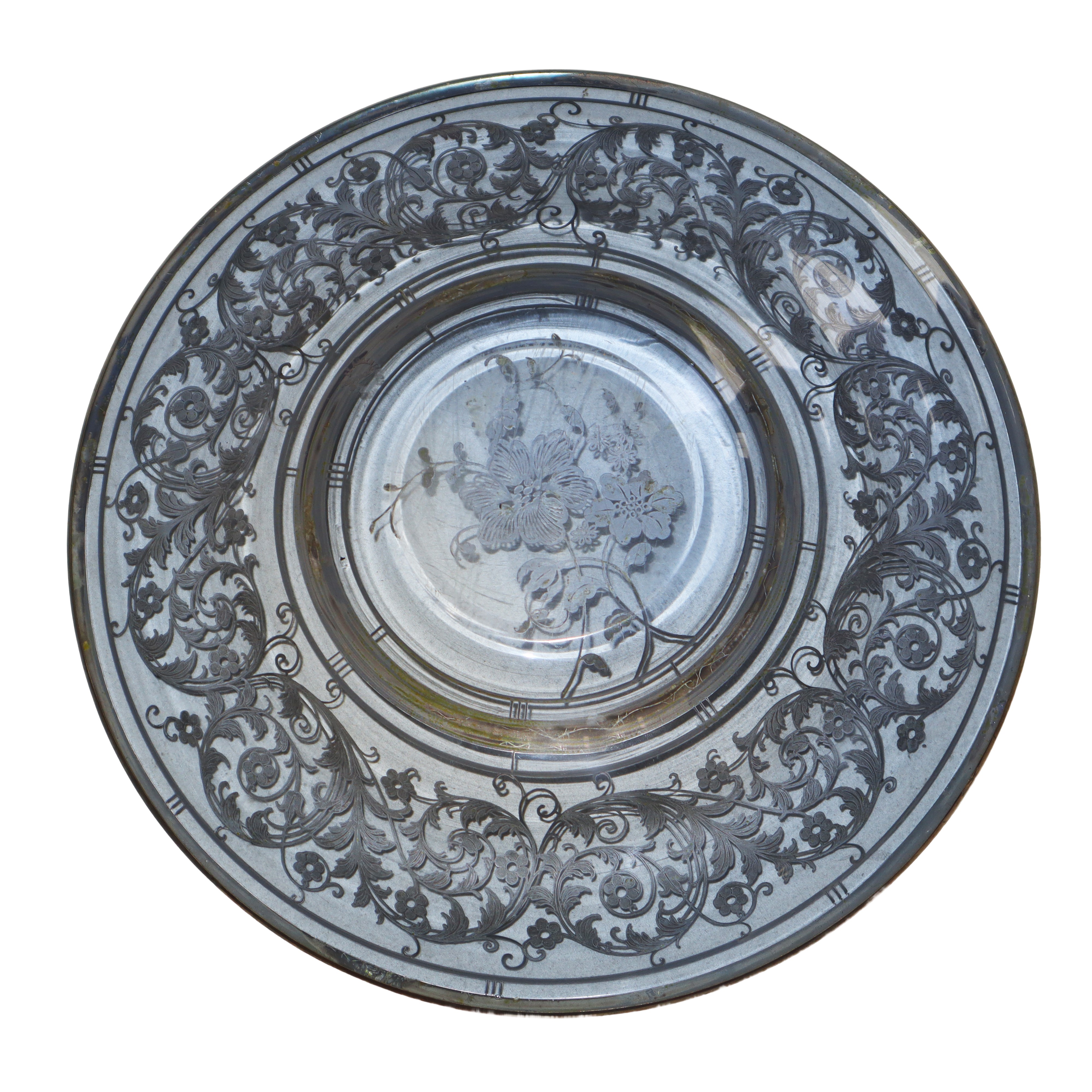Piatto in vetro con decorazioni in argento
