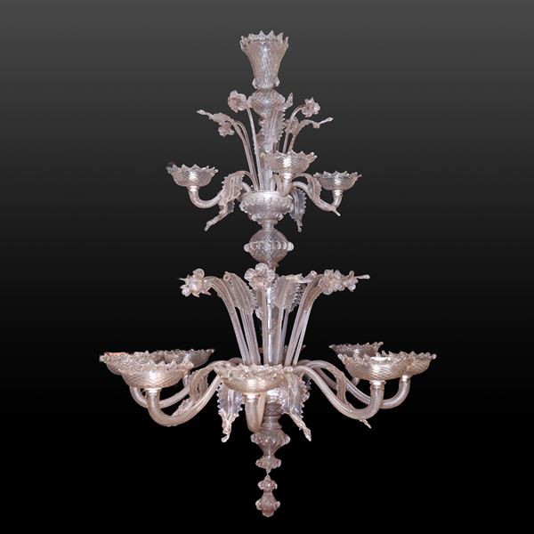 Grande lampadario in vetro di Murano lilla