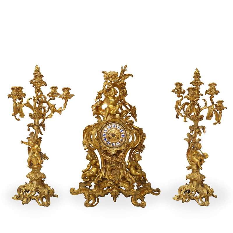 Jean-andré Lepaute - Trittico Luigi XVI in bronzo dorato con orologio e candelabri