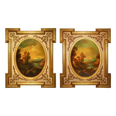 Coppia di paesaggi entro cornice dorata