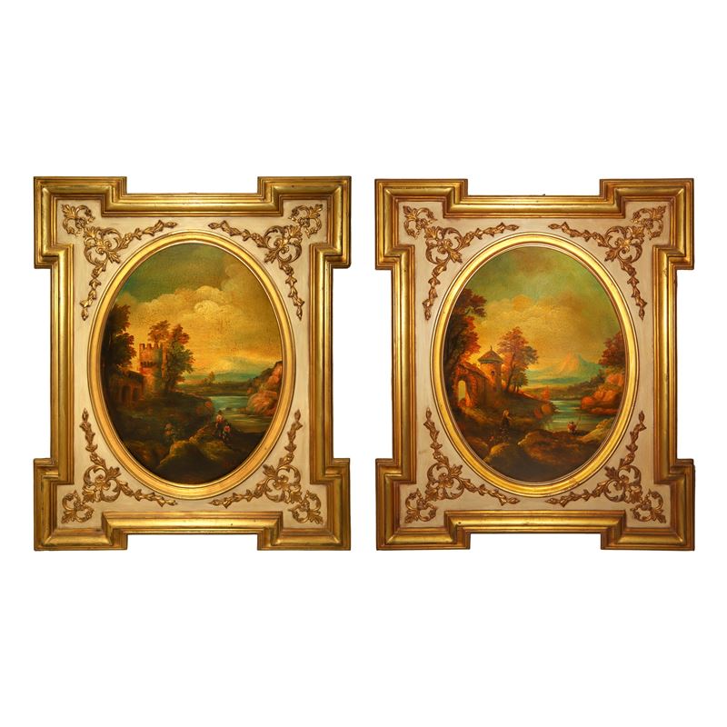 Corrado Risi - Coppia di paesaggi entro cornice dorata