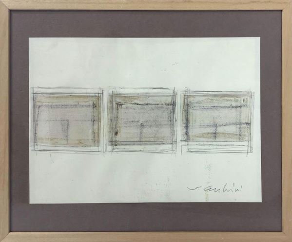 Mixed media and collage on paper, depicting abstract composition (three pictures) Vincenzo Cecchini (Catholic 1934), 41,5x29 cm, framed 52x42 cm, authentic artist of photos, ca 2000