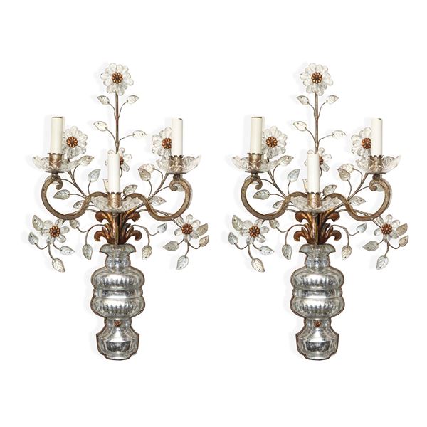 Coppia di appliques in vetro di Murano e metallo dorato