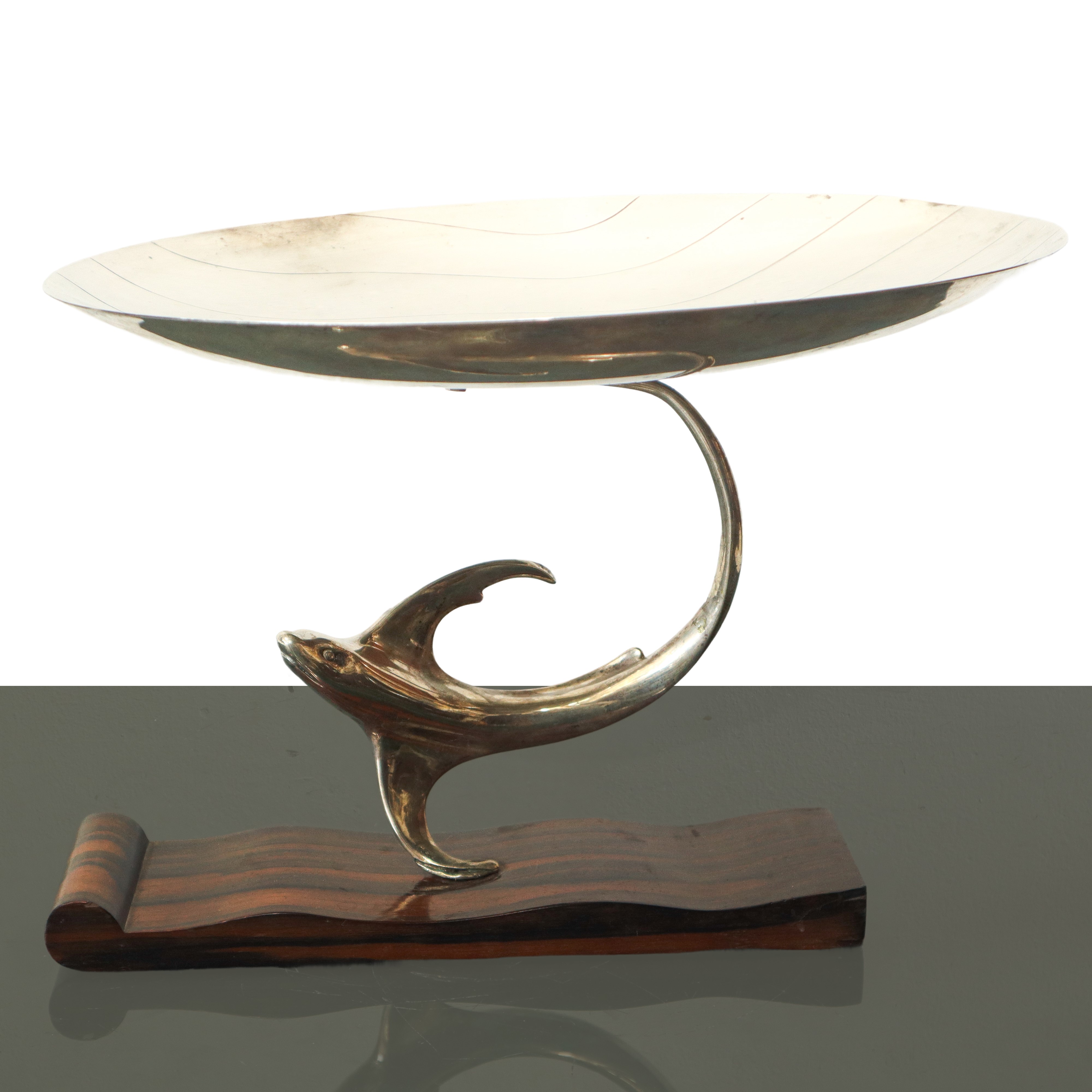 Alzata decò con delfino in argento 800 con base in palissandro