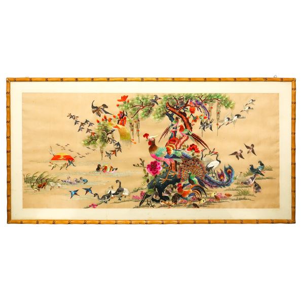 Chinese polychrome embroidered Suzhou silk panel with depictions of birds