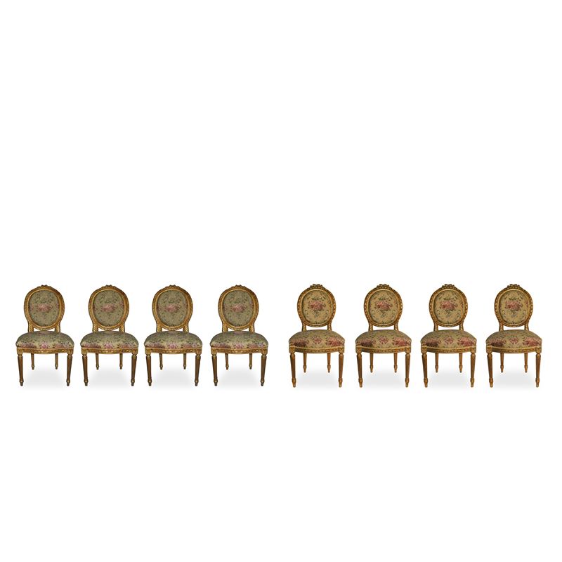 N°8 Sedie dorate con tappezzeria damascata decorata a fiori