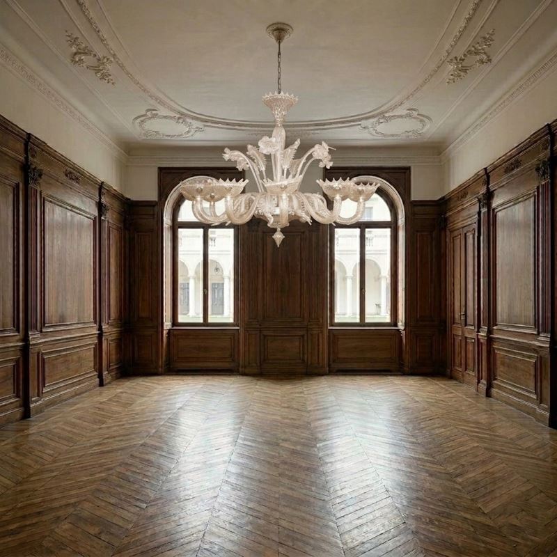 Lampadario in vetro di Murano a 12 luci, altezza cm 109, larghezza cm 134