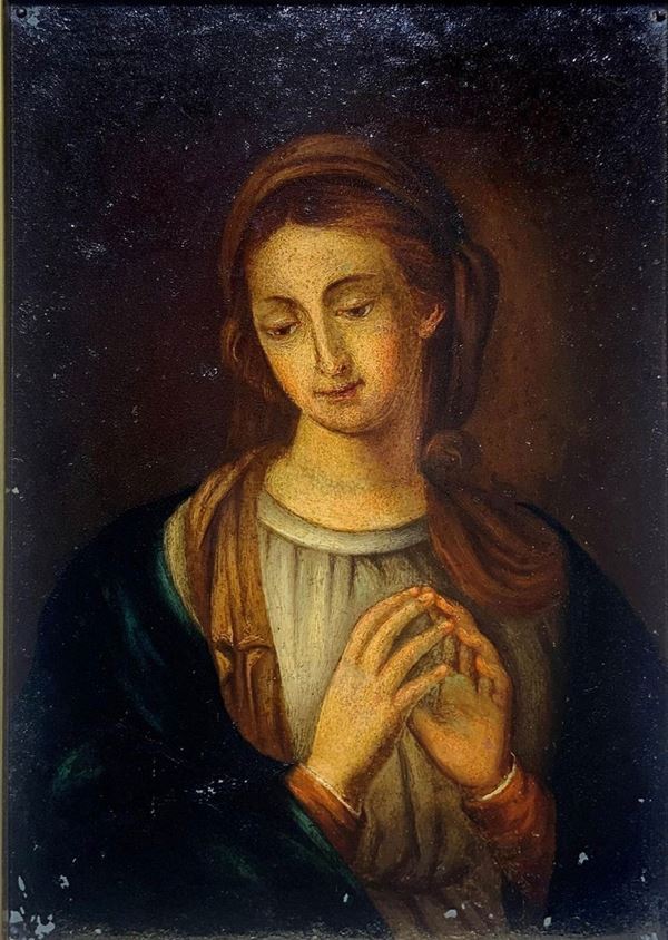 Dipinto ad olio su rame applicato su tavola raffigurante Madonna in preghiera, Sicilia fine XVIII secolo. Cm 42x30.