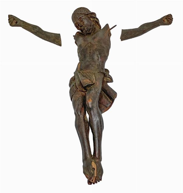 Wooden sculpture depicting Christ. XVI century. H cm 35. Proper arms, to be put in place