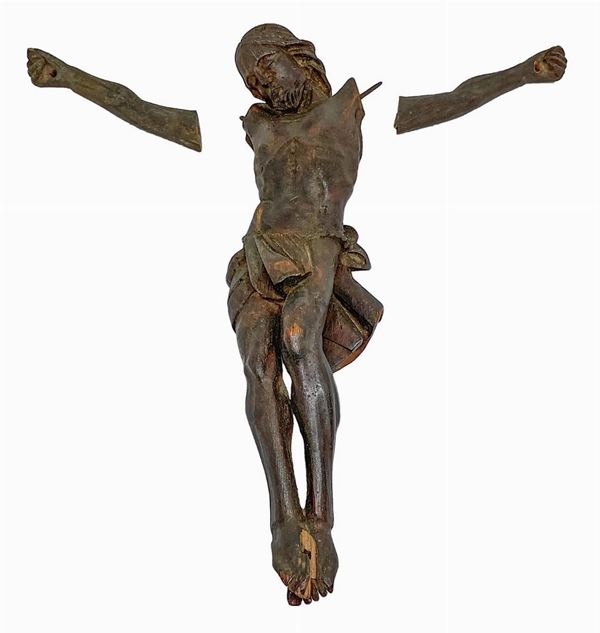 Scultura lignea raffigurante cristo. XVI secolo. H cm 34. Braccia proprie da applicare.