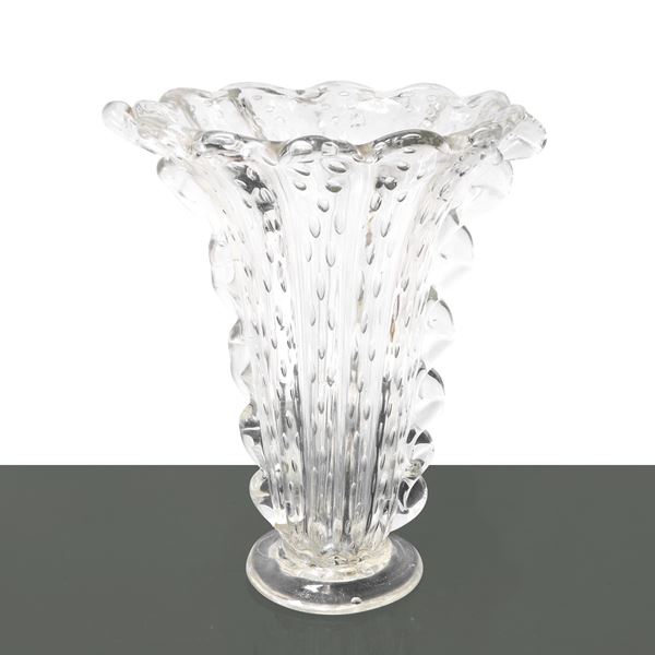 Barovier e Toso - Vaso in vetro di Murano bullicante con morise sulle parti laterali 