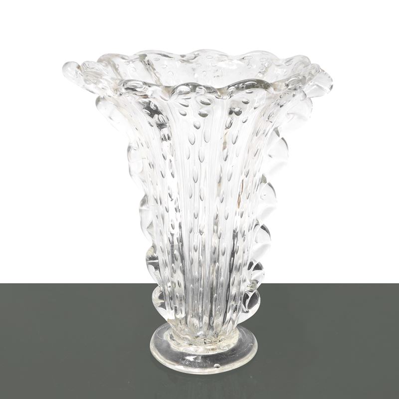 Vaso in vetro di Murano bullicante con morise sulle parti laterali