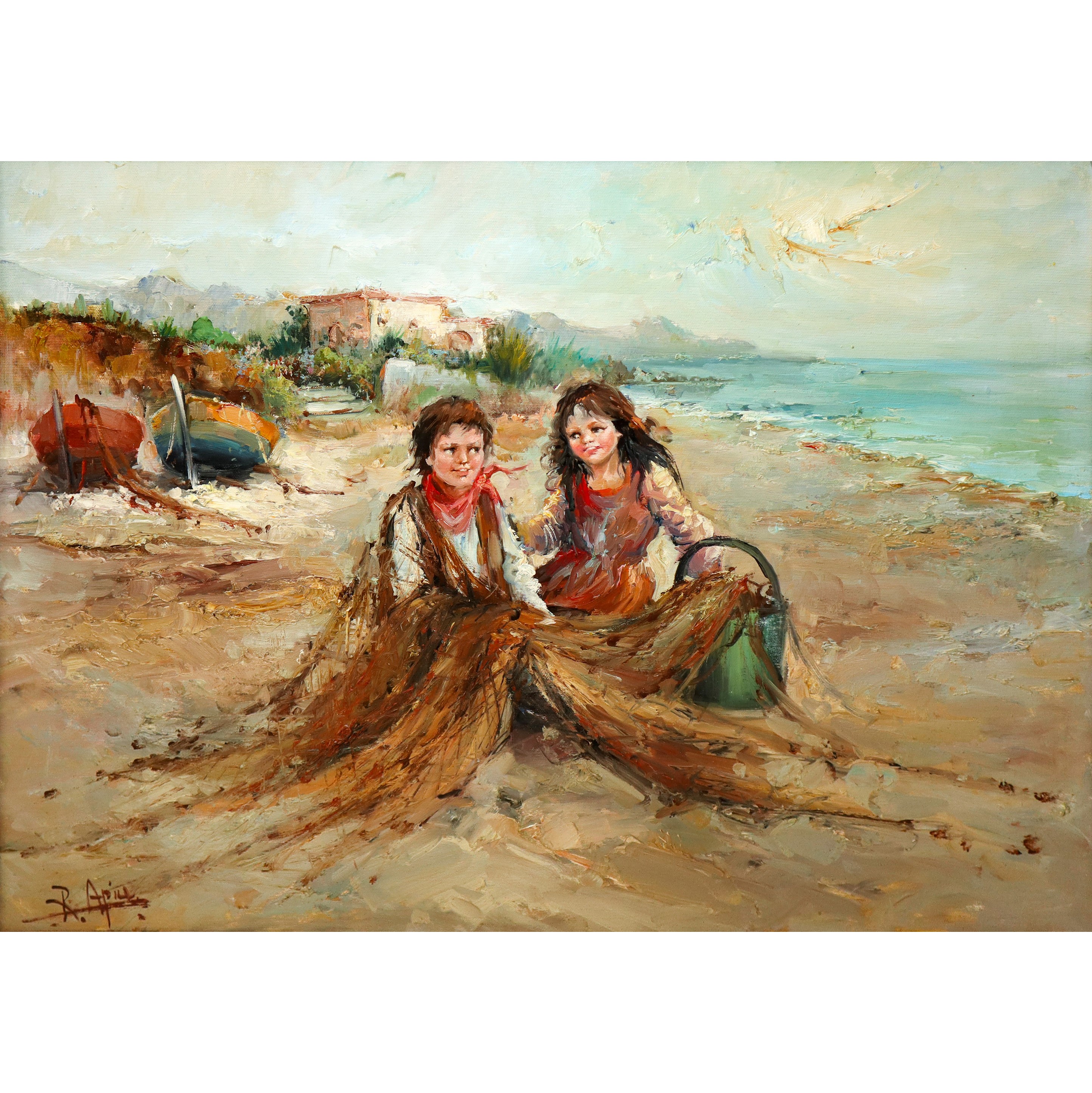 Fanciulli che rimagliano la rete da pesca