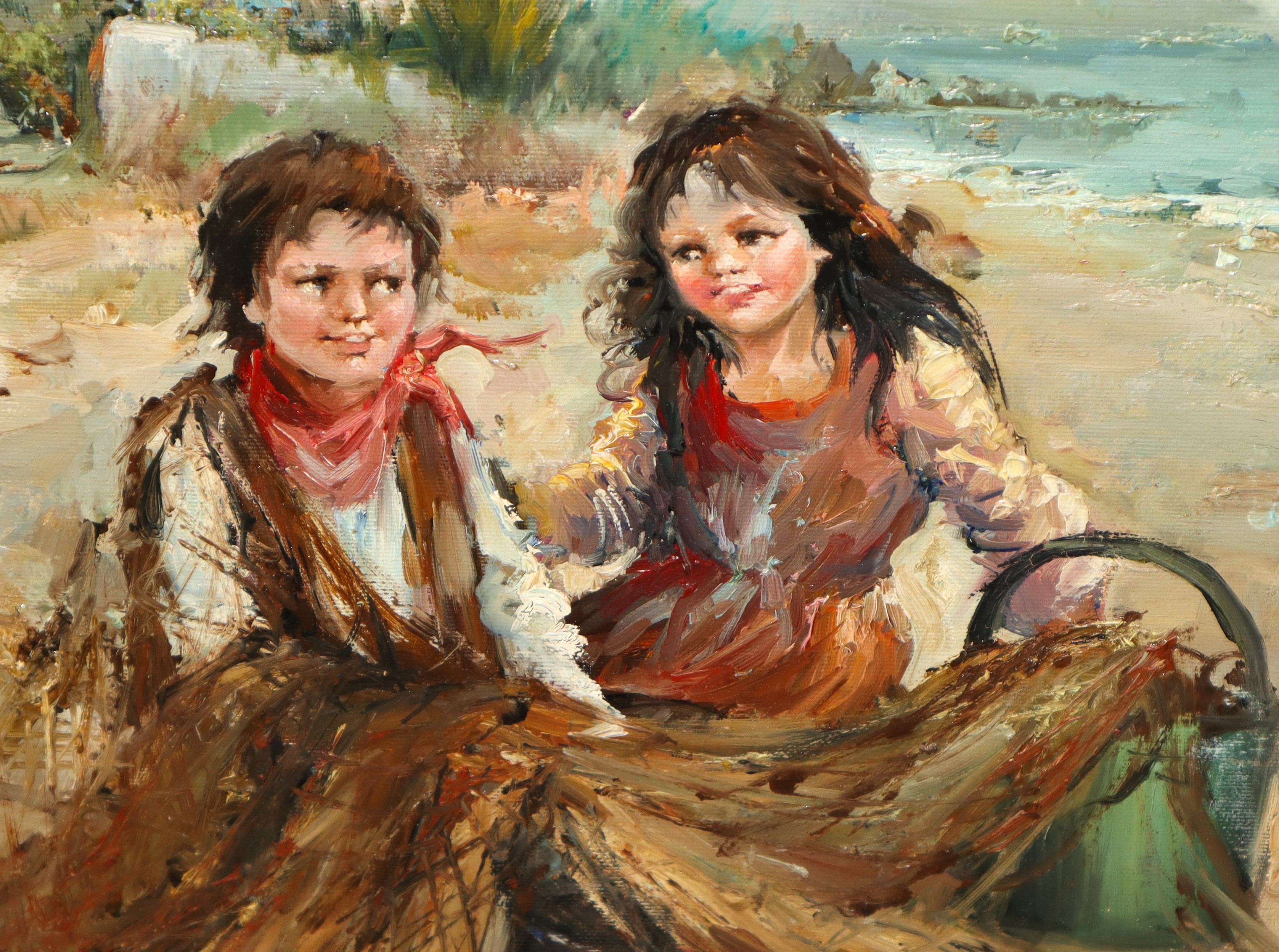 Fanciulli che rimagliano la rete da pesca