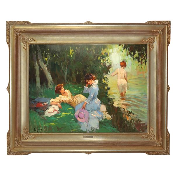 Alfonso  Sarno - Paesaggio fluviale con bagnante e fanciulle
