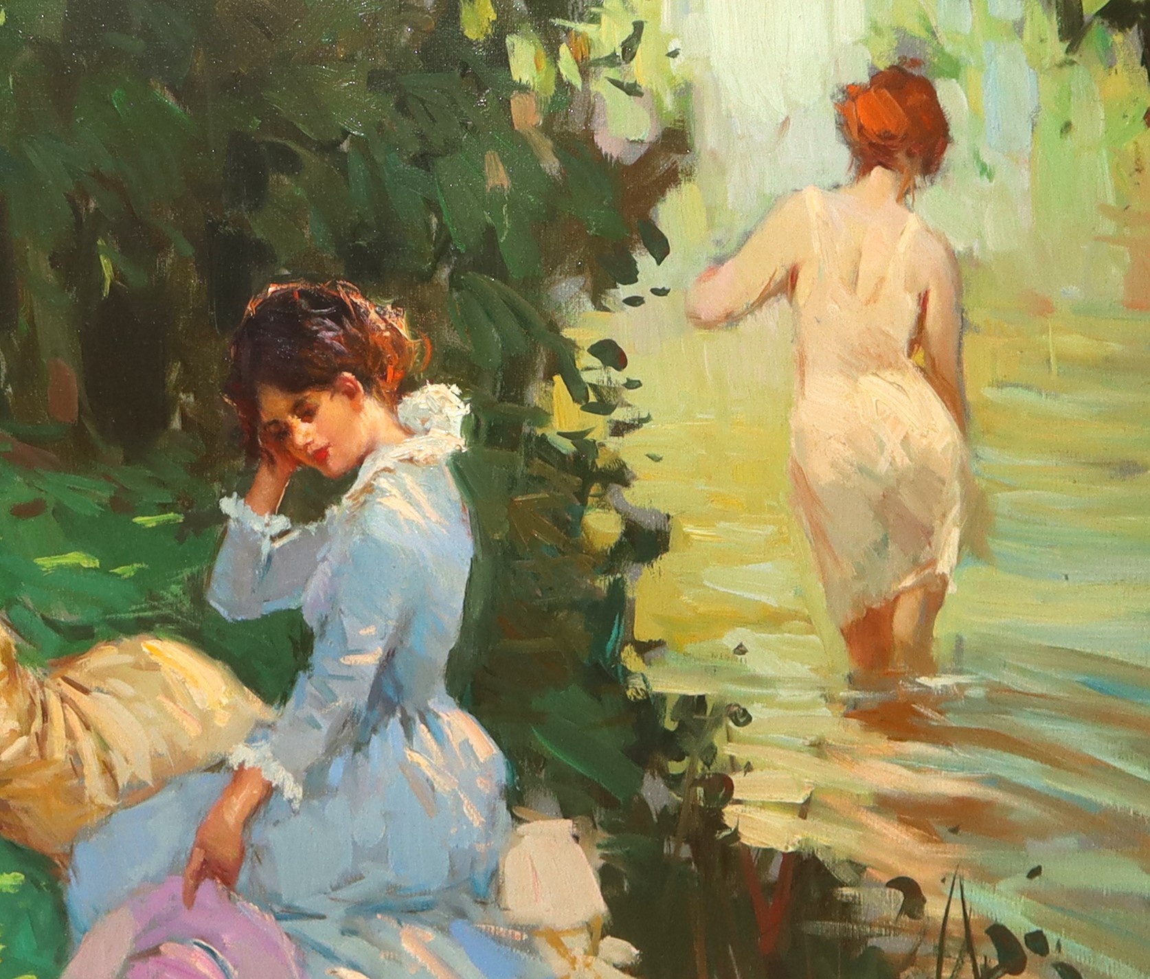 Paesaggio fluviale con bagnante e fanciulle