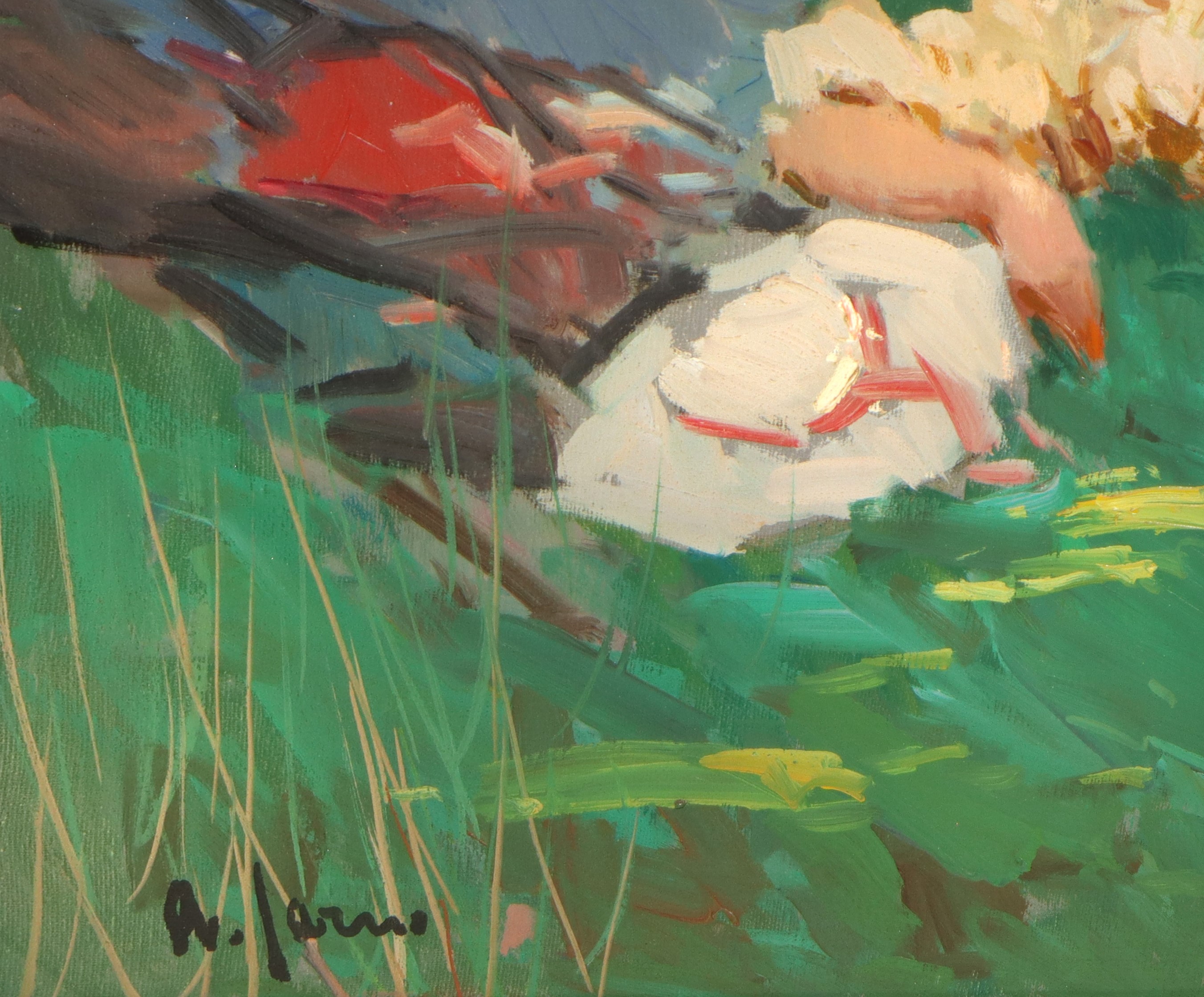 Paesaggio fluviale con bagnante e fanciulle