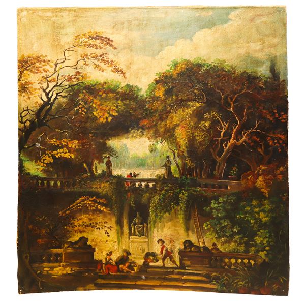 Idyllic scene in a garden with characters, wooden panel