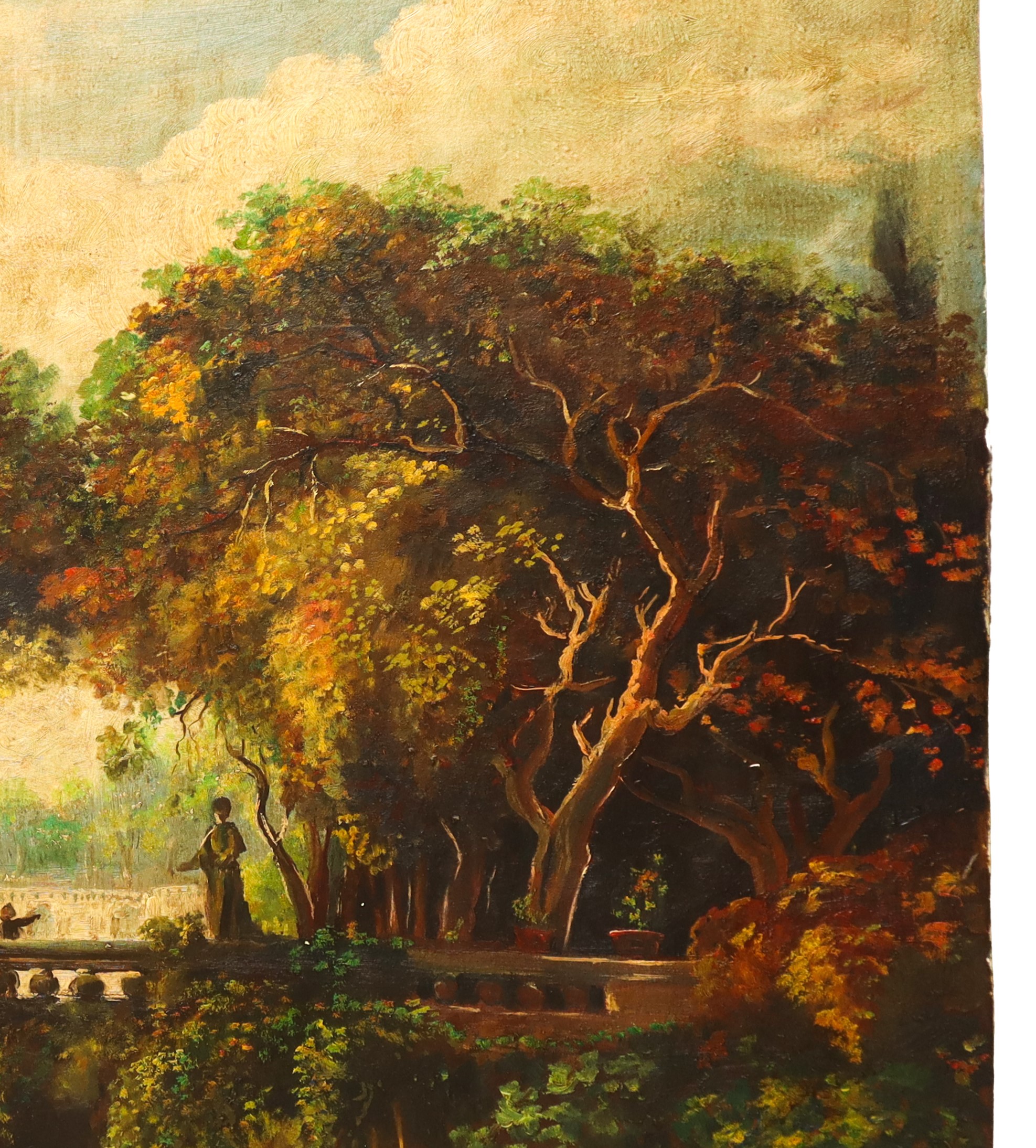 Scena idilliaca in un giardino con personaggi, pannello in legno